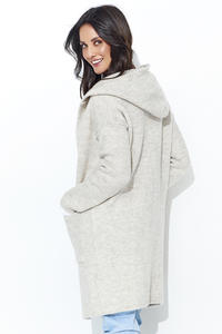 Beige Long Cardigan without a Clasp with a Hood