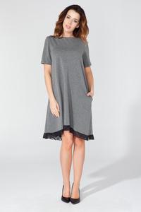 Grey Flared Short Sleeves Dress with Lace Edging 