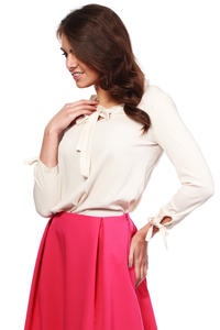 Beige Cut Out Bow tie Blouse with Long Sleeves