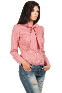 Red Pussy Bow Collar Pinstripe Girly Shirt