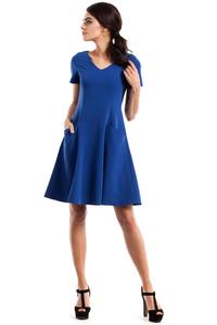 Blue Flared Short Sleeves Dress with Front Pockets