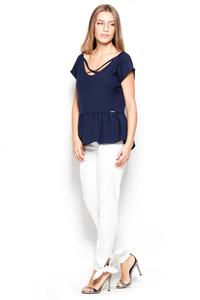 Dark Blue Short Sleeves Blouse with a Peplum