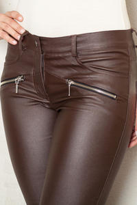 Brown Faux Leather Stretch Skinny Pants with Slant Zipper Pockets