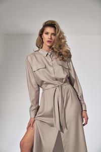 Beige Button Closure Belted Midi Dress