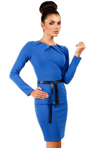 Cornflower Blue Pleated Neckline Shift Dress with Belt