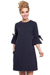 Dark Blue Flared Dress with Bow on The Sleeves