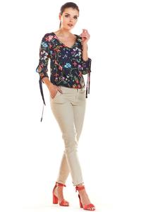 Navy Blouse in Flowers with Binding on Sleeves