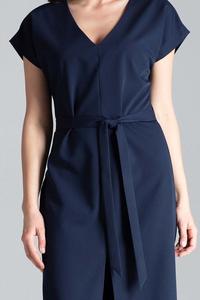 Dark Blue Belted V-Neck Dress