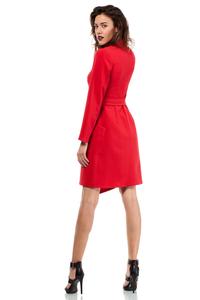 Red Asymmetrical Cut V-Neckline Dress with a Belt