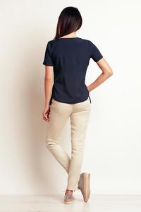 Dark Blue Simple Short Sleeves Blouse with Pocket