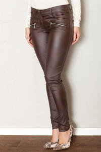 Brown Faux Leather Stretch Skinny Pants with Slant Zipper Pockets