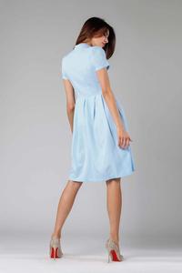 Light Blue Flared short-sleeved Dress with Stand-up Collar