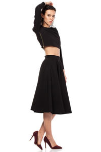 Black Pleated Midi Skirt with Back Zipper Fastening