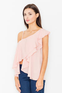 Pink Asymetrical One Shoulders Strap Dress with a Frill