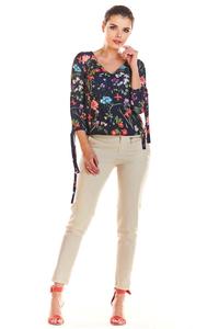 Navy Blouse in Flowers with Binding on Sleeves