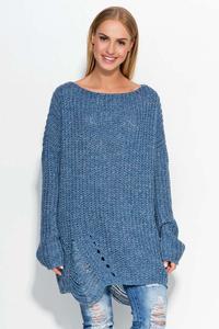 Blue Oversized Sweater with Trendy Holes