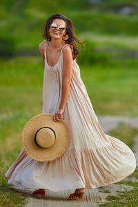 Beige Maxi Dress with thin straps with a frill