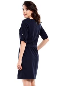Dark Blue Casual Rolled-up Sleeves Mini Dress