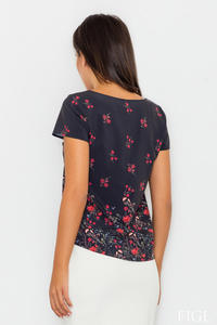 Black Short Sleeves Floral Pattern Blouse