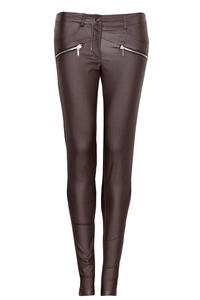 Brown Faux Leather Stretch Skinny Pants with Slant Zipper Pockets