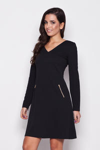 Black V Neck Shift Dress with Side Pockets