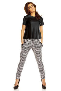 Check Skinny Fit Pants with Wide Waist Band and Leather Details