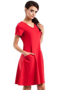 Red Flared Short Sleeves Dress with Front Pockets