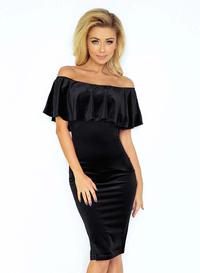 Black Bodycon Dress with Frilled Offshoulders Neckline