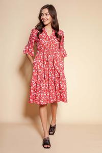 Red Frilled Dress with Buttons Closure