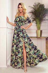 Maxi Dress with Spanish Neckline in Green Leaves
