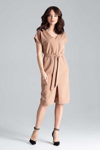 Brown Belted V-Neck Dress