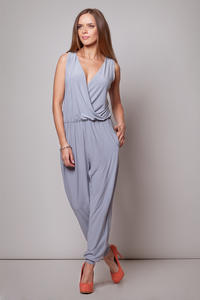 Wrap Around Sleeveless Grey Jumpsuit with Shirred Waist