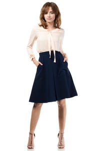 Dark Blue Flared Knee Lenght Skirt with Pockets