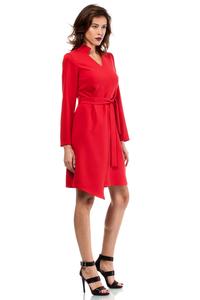 Red Asymmetrical Cut V-Neckline Dress with a Belt