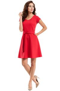Red Short Sleeves Belted Mini Dress