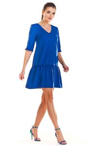 Blue V-neck dress with a frill at the bottom