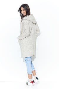 Beige Long Cardigan without a Clasp with a Hood