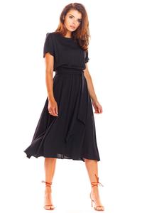 Black Flared Midi Dress with Short Kimono Sleeve