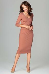 Brown Slim Fit V-Neck Midi Dress