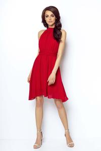 Red Airy Cocktail Dress with a Halter Neckline on the Stand-up Collar