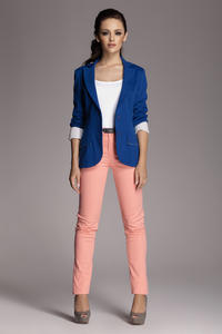 Contrast Sleeves Blue Blazer with Twin Side Flap Pockets