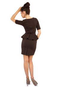Brown Bateau Neck Shift Dress with Frilled Bodice