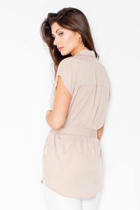 Beige Short Sleeves Short with Self Tie Belt