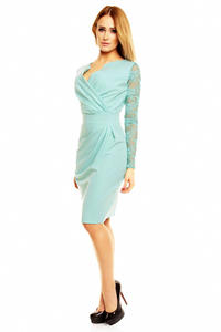 Mint Elegant Lace Sleeves Slim Waist Evening Dress