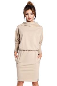 Beige Casual Dress with Wide Tourtleneck