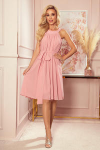 Pink Chiffon Flared Dress with Belt