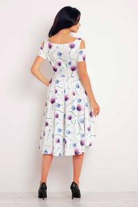 Purple Flowers Pattern Asymetrical Cut Out Shoulders Dress