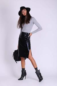 Black Pencil Skirt of Glossy Fabric with Zipper