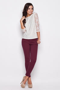 Ecru Bateau Neckline Floral Lace Blouse with 3/4 Sleeves