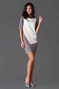 Beige Asymmetrical Color Block Shirt Dress 